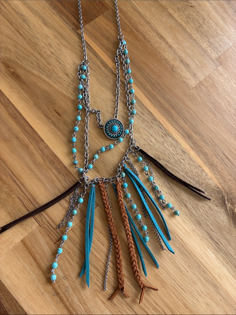 Cowgirl NWT Justin Western Boho Turquoise Beaded Fringe Statement Necklac - Picture 5 of 5